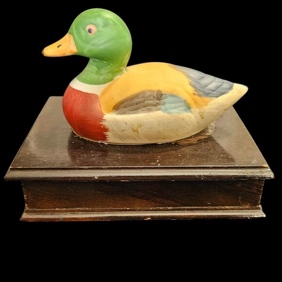 Hand Carved Painted Mallard Duck Wood Trinket Jewelry Box Vintage Décor - Picture 1 of 7